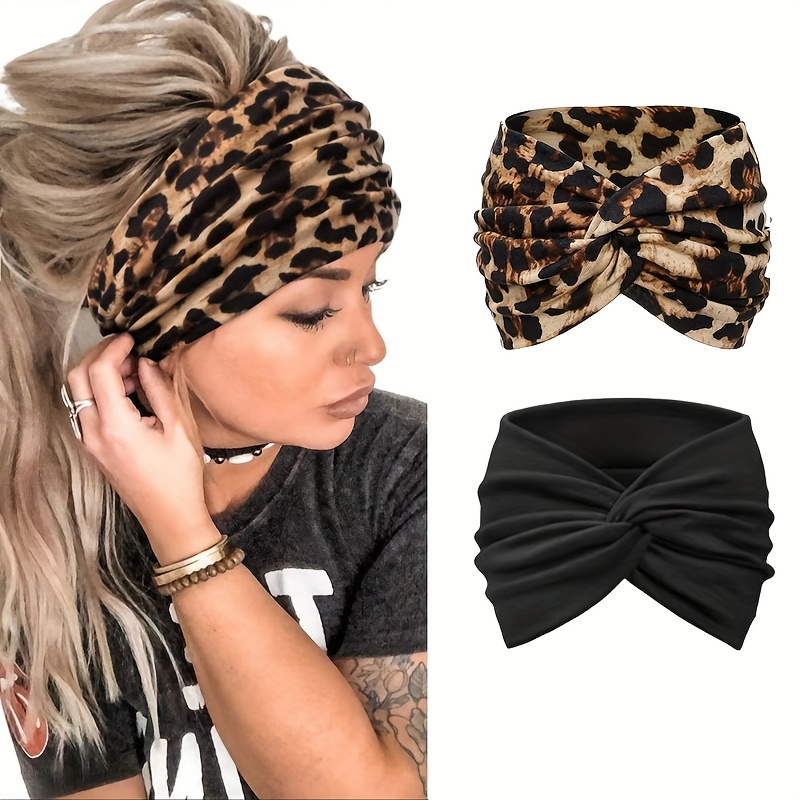 2pcs set womens non slip knotted wide headband bohemian style soft and comfortable leopard print hairband for yoga workouts running sports and daily headscarf accessories