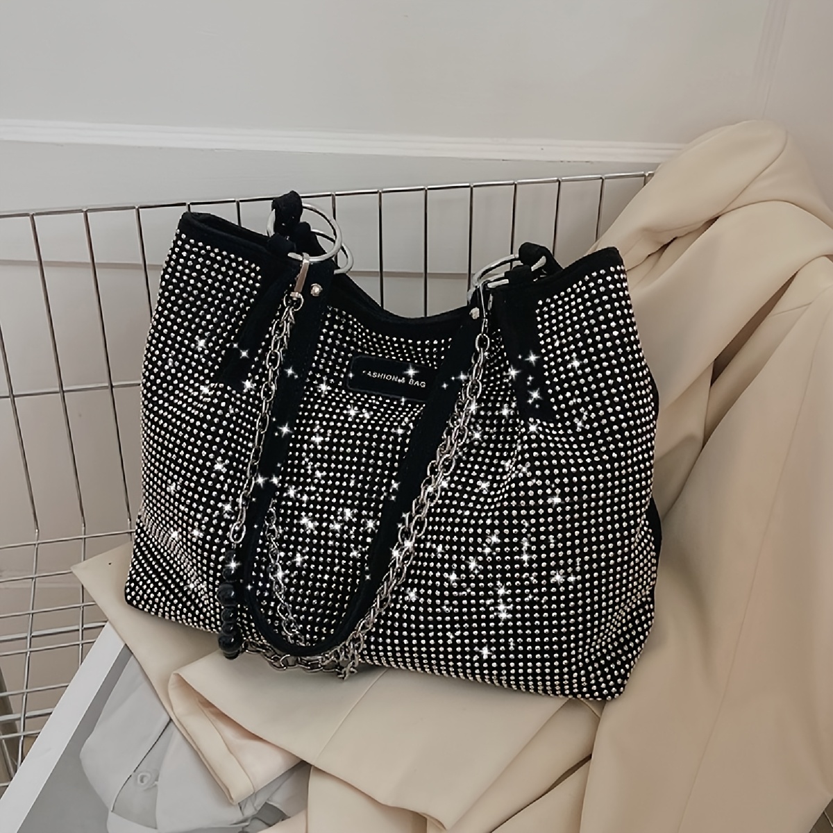 Stylish Black & White -studded Tote Bag With Chain Strap - Versatile For Work, , And Everyday Use, Casual | Trendy Pattern | Magnetic Closure Bag