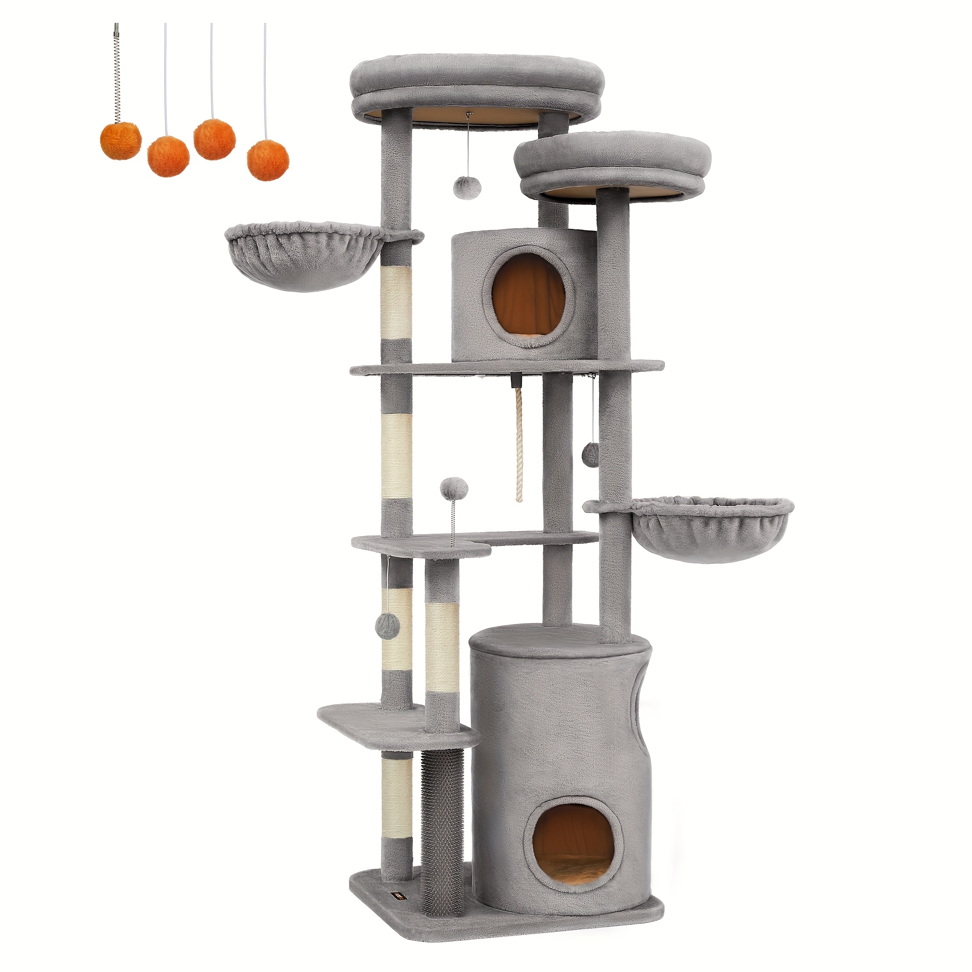 Feandrea XXL Cat Tree, 196cm Tall Cat Tower, Multi-Level Plush Cat Condo with 2 Perches, 3 Caves, 2 Baskets, 5 Scratching Posts, 4 Pompoms, Self-Groomers, for Indoor Cats
