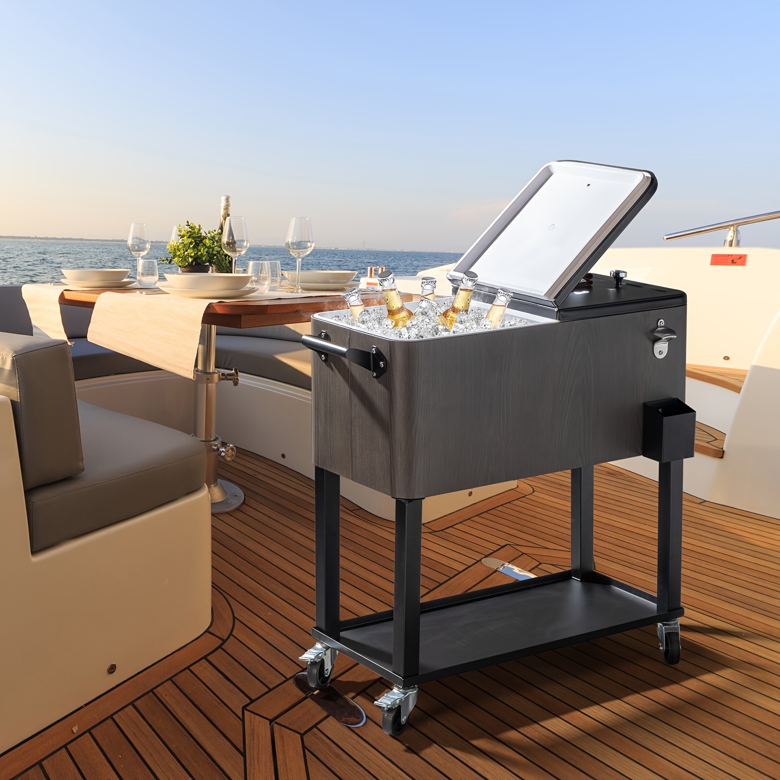 Commercial-Grade Outdoor Grey Wood-Grain Insulated Cooler Cart - Ice Retention for Up to 48 Hours - For Market Stalls & Camping - Durable & Spacious - Ideal Gift for Outdoor Enthusiasts