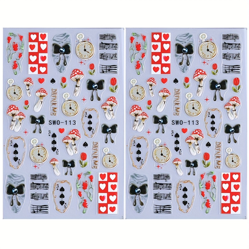 2 Sheets Embossed Nail Art Stickers, Mushroom Flower Bow Poker Clock Music Symbol Love Heart Pattern Self-adhesive Nail Decals, Nail Art Decoration Nail Supplies