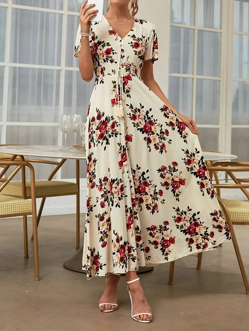 bohemian floral print maxi dress for women elegant v neck short sleeve a line silhouette lightweight viscose spring summer casual wear floral maxi dress Product details 7