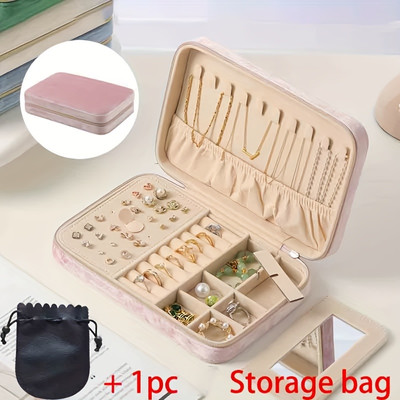 TEMU 1pc 21 X X 4.5 Cm Velvet Jewelry Box With Zipper, Large Capacity Jewelry Storage Box, With 2pcs Removable Dividers, Earrings Necklace Organizer.