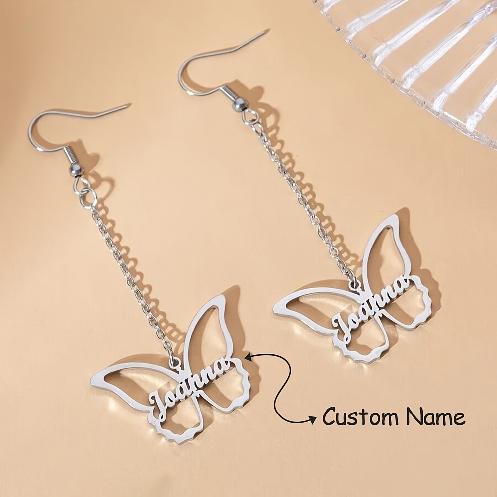 TEMU Boucles d'oreilles pendantes élégantes pour femmes personnalisées avec pendentifs papillon personnalisés, personnalisables avec des anglais.