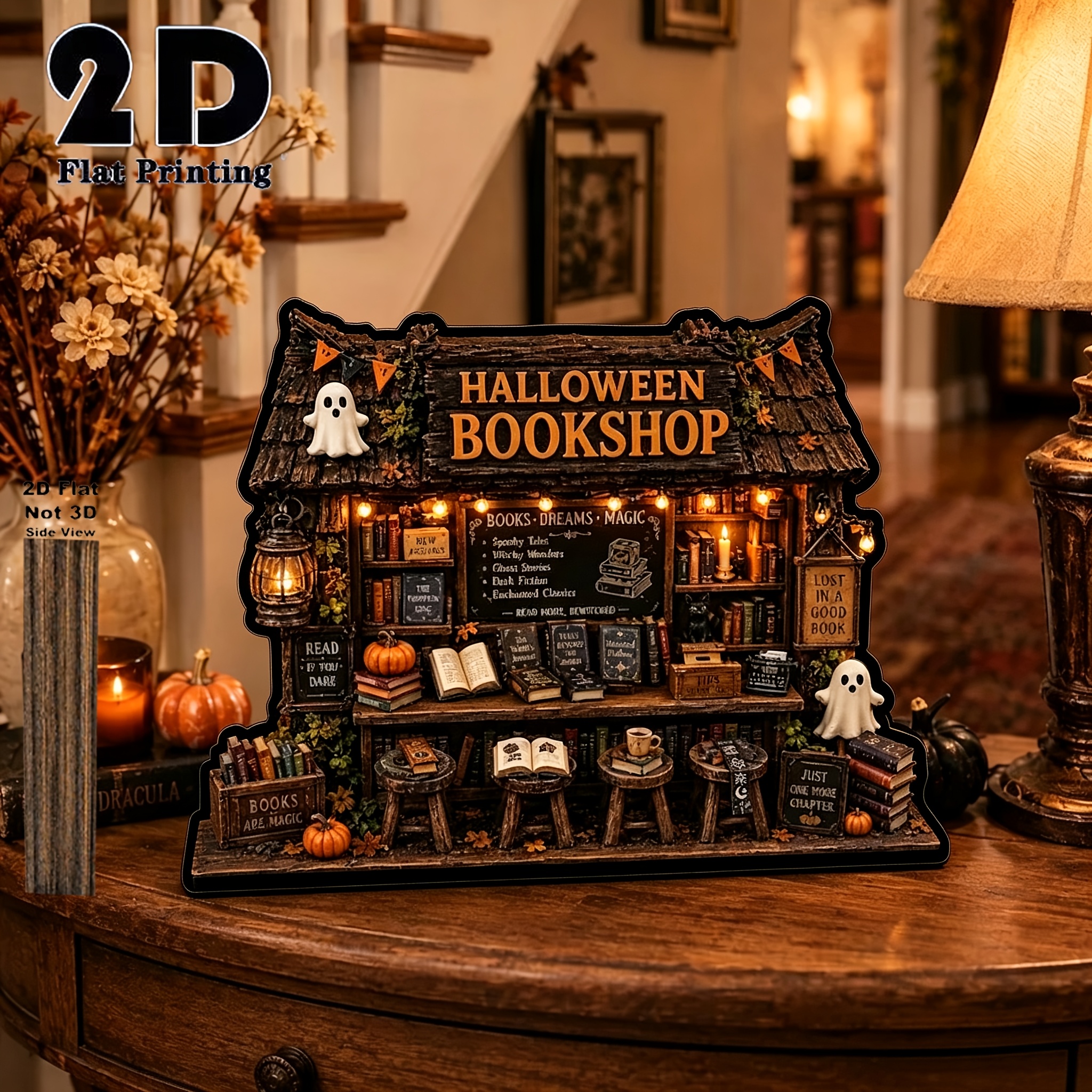TEMU 2d Flat 1pc Retro Wooden Halloween Themed Bookstore Decoration, Holiday Horror Style Bookshelf Ornaments, Halloween Home Gifts Suitable For