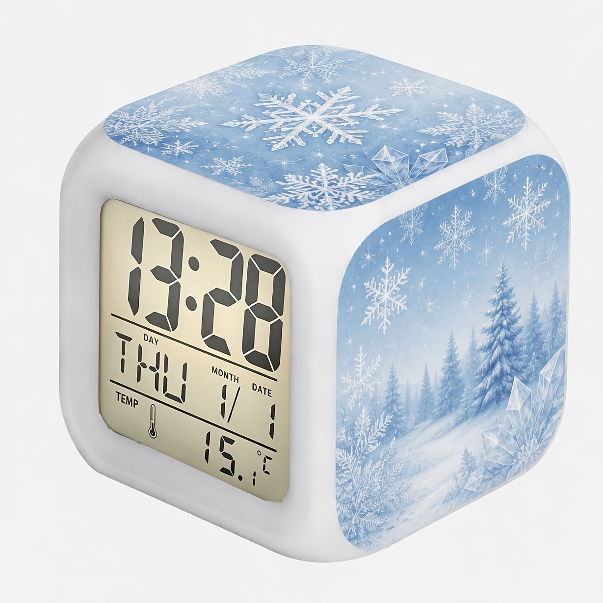TEMU Réveil Cube Autocollant de Neige avec Affichage de la Température, Heure Simultanée, Date, Jour de la et Lecture de la Température Intérieure,