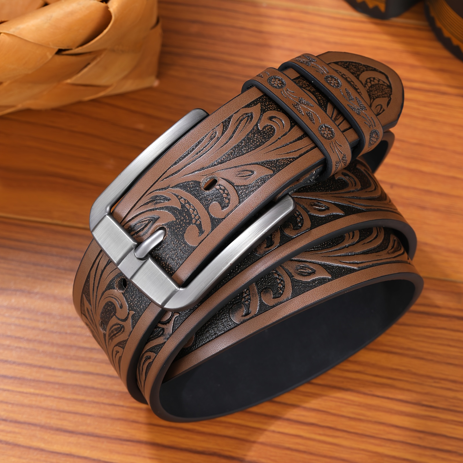 Men's Stylish Brown Embossed Casual Belt With Square Alloy - Hfl·kangaroo