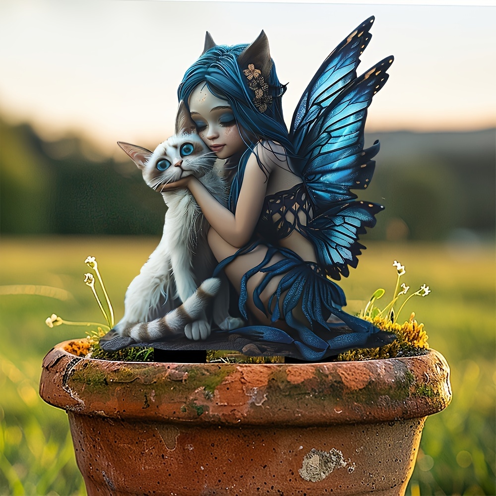 

2d Flat, Fairy And White Cat Acrylic Garden Stake - Outdoor Decor For Potted Plants, Patio Landscape, Non-powered, Flower Theme, Ideal For New Year's Day