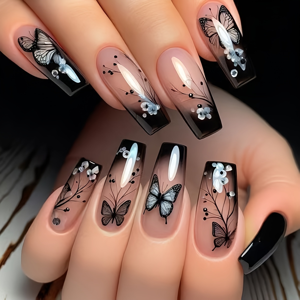 

24pcs Long Ballet Nails, Mixed , , Gradient Leaves Pattern, Press On Nail Stickers