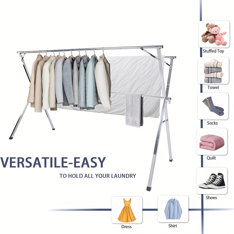 79 inches clothes drying rack free of installation stainless steel garment rack adjustable and foldable space saving laundry drying rack for indoor outdoor with 20 windproof hooks details 2