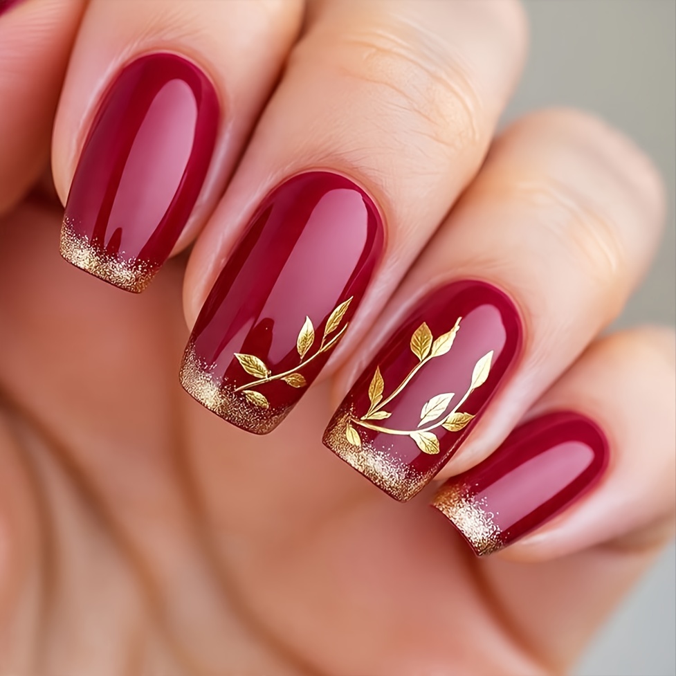 TEMU 24 Medium Square Fake Nails, Burgundy Maple Golden Powder Nail Design, Glitter Removable Fake Nail