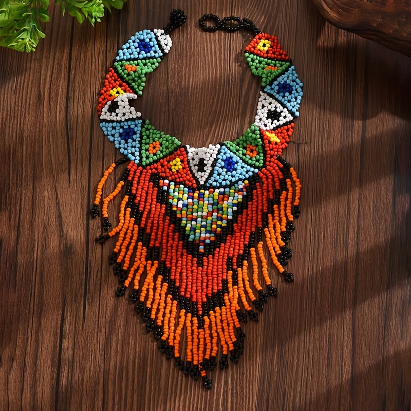 Women's Bohemian Hand-Woven Bead Necklace with Long Fringe Pendant