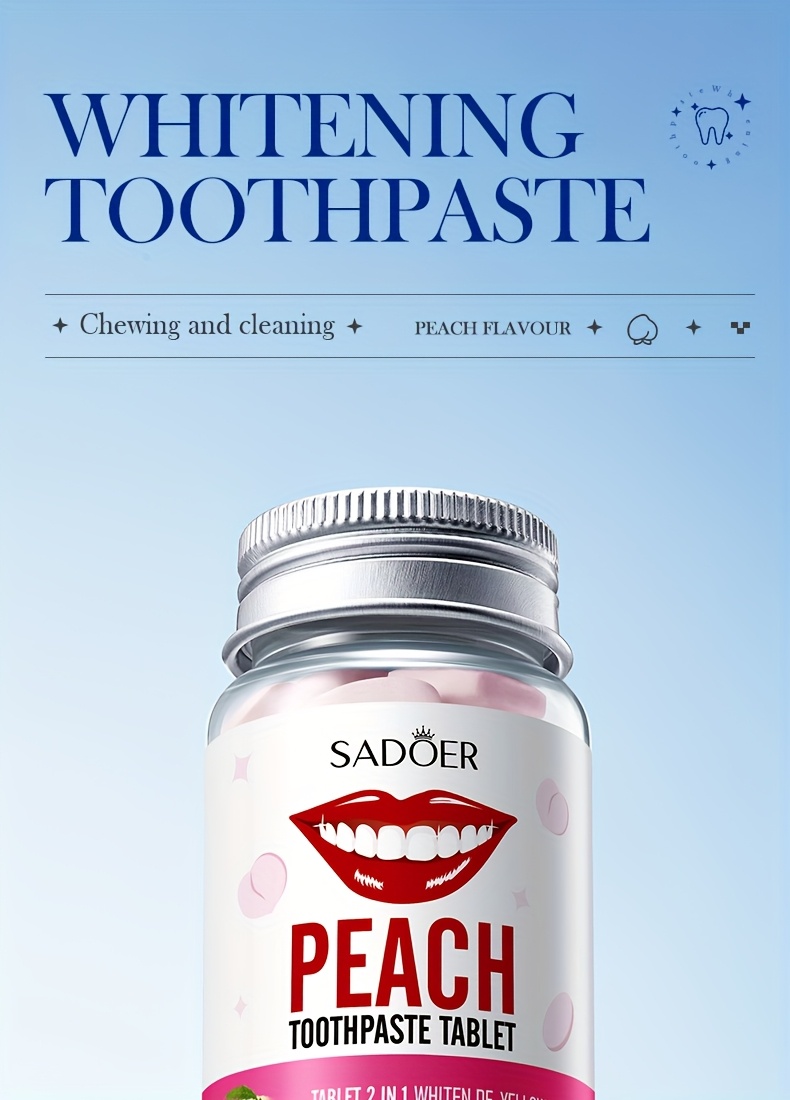 Peach Whitening Solid Toothpaste Tablets. Fresh breath, clean the mouth, and remove tooth stains by using this product. Brighten teeth.