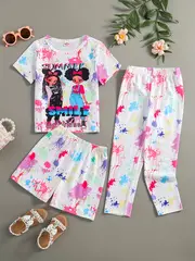 portrait tie dye print girls 2pcs short sleeve t shirt shorts pants set street summer outfit details 4