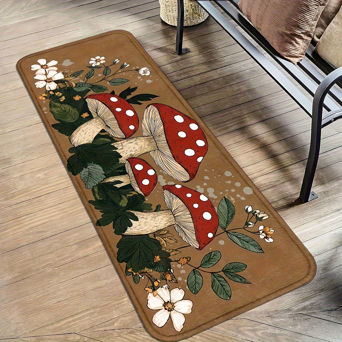 TEMU 1pc Non-slip Flannel Mat Suitable, Entryway, Bedroom - Thick Rubber-backed Floor Mat With Mushroom Pattern, Machine Washable Soft Suitable For
