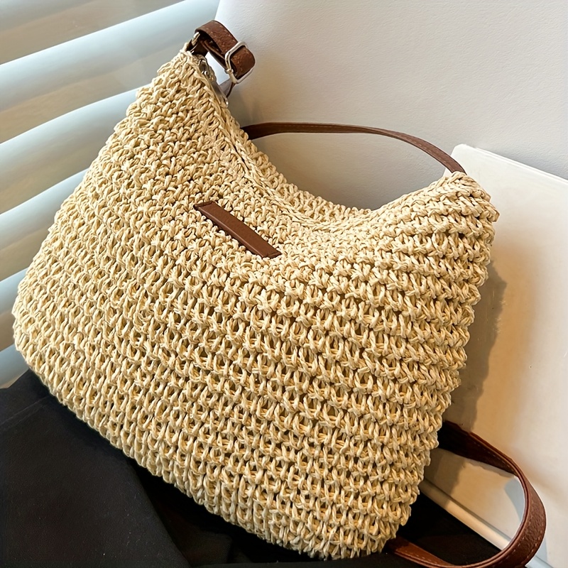 E-shop Lässige einfarbige Damen Schultertasche aus Stroh, leichte und praktische Umhängetasche, modischer verstellbarer Schultergurt, geeignet für
