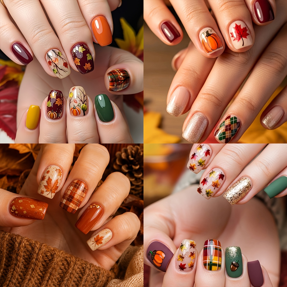 TEMU 96pcs Jellyqueen Short Square Press-on Nails Suitable For Thanksgiving, Fall Winter Fake Nails With Maple Leaf, Pumpkin, Plaid, Golden Glitter &