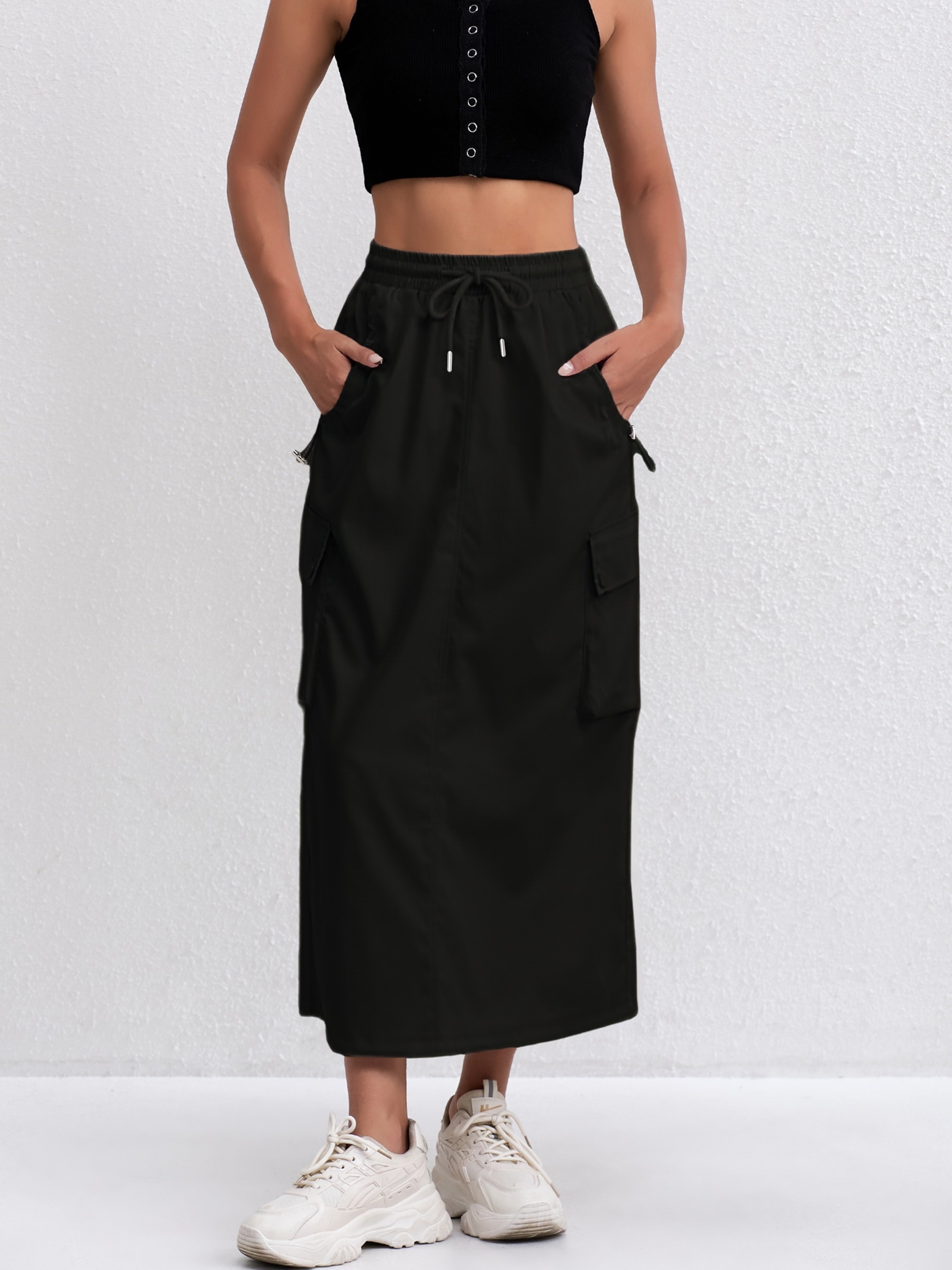 【COLOR iN ID】Flap cargo skirt solid color flap pocket cargo skirt casual drawstring back
