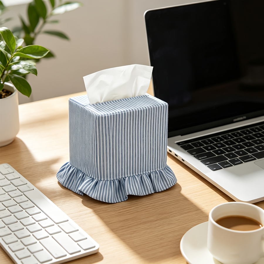 TEMU 1pc Striped Fabric Napkin Box Lid, Summer Theme Square Tissue Style Decorative Cover, Suitable For Home Bedroom Bathroom Kitchen Office Indoor