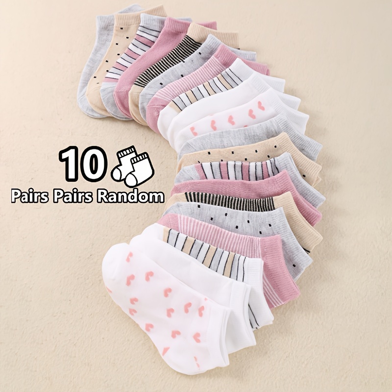 E-shop 10 Paar Kinder Socken | Bequem, Ganzjahres, Gestreift, Herz- und Punktmuster, Geeignet für Mädchen, Strickstoff, Nur Handwäsche