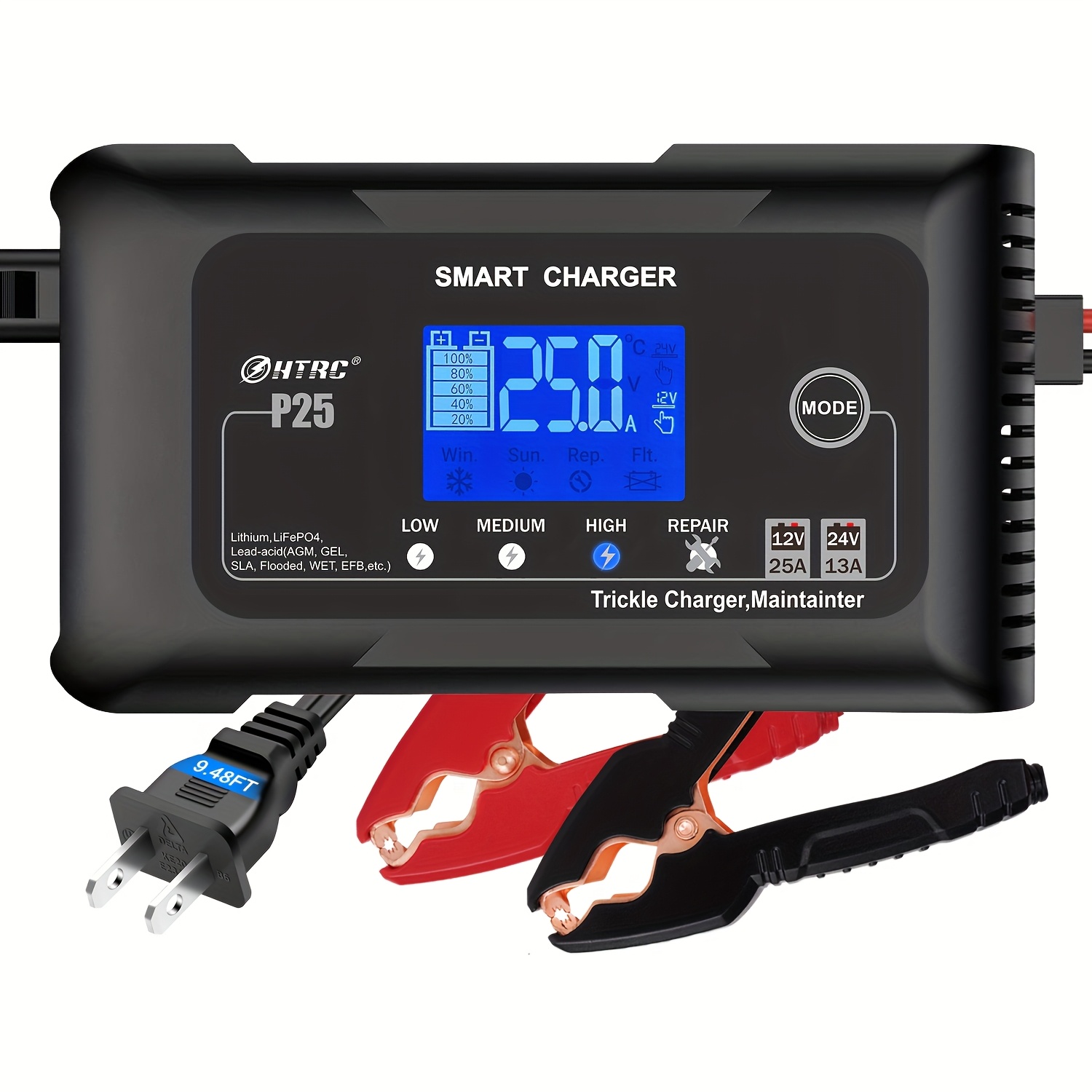TEMU 25 Amp Lithium Battery Charger, Fully-automatic Smart Car Battery Charger For 12v And 24v, Battery Maintainer Trickle Charger, And Battery Desulfator For Lifepo4 Agm Batteries, Without Battery