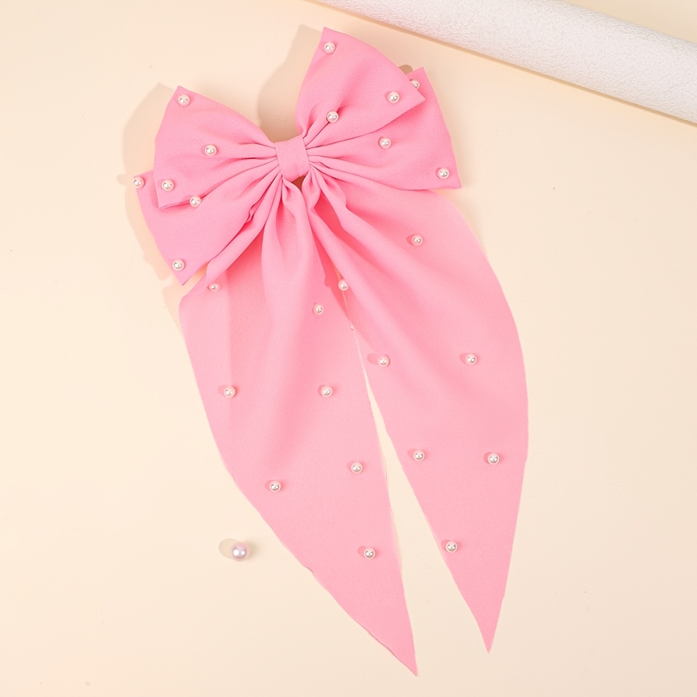 Image of 1pc Elegant Bow Hair Clips With Pearl Decor For Polyester Non-woven Fabric Hair Bows Perfect For Party And Performance Hair Additions For