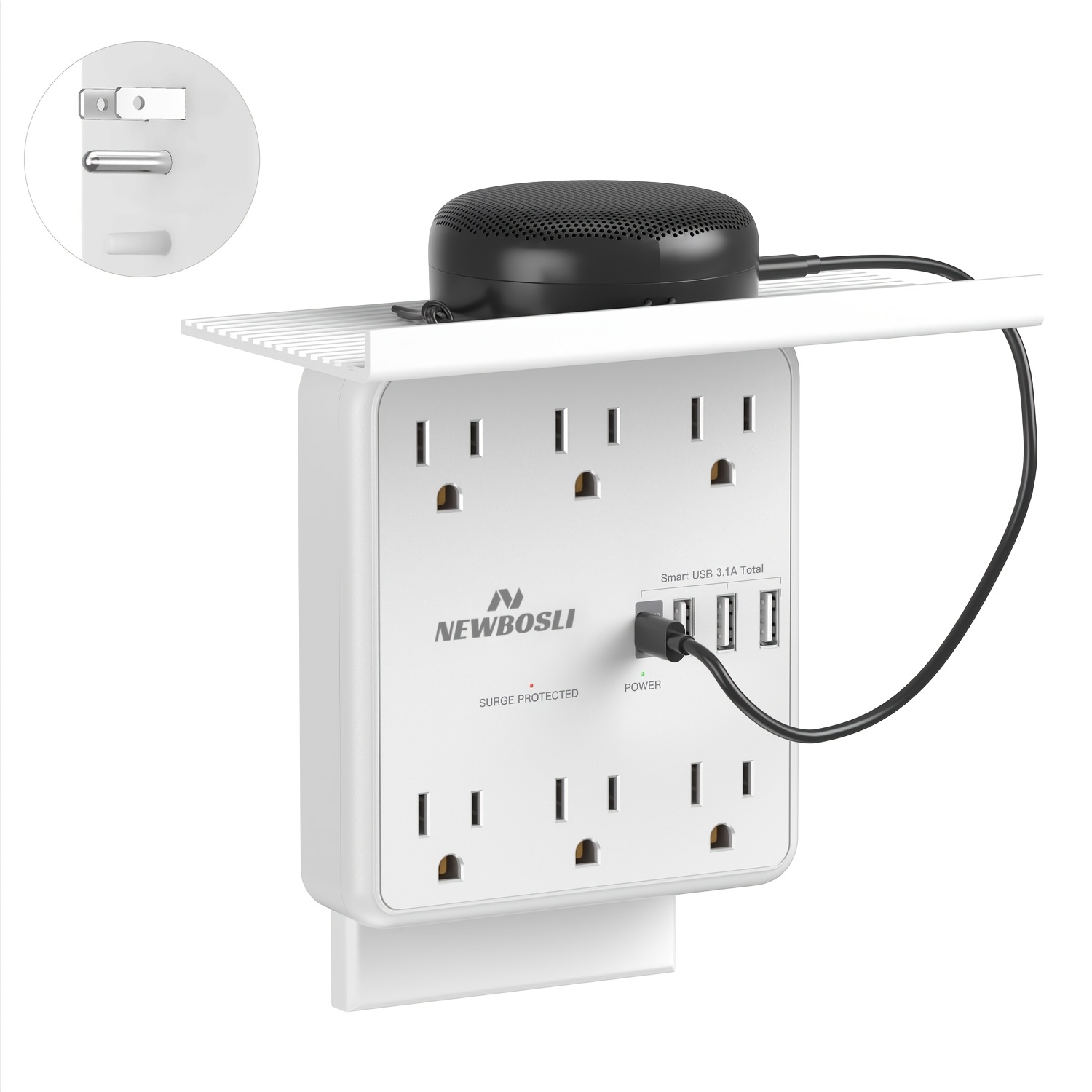 

Newbosli Multi-outlet Protector With 6 Ac Outlets & 4 Usb (usb-c Included) - Wall Charging Extender With Removable Shelf For Entryway, Bathroom, Kitchen, Bedroom - White