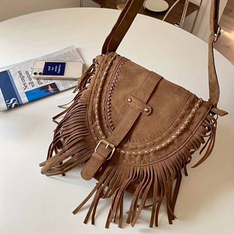 

Fashion And Casual Fringe Saddle Bag, Stylish Shoulder Bag, Retro Crossbody Tote Bag For Vacation