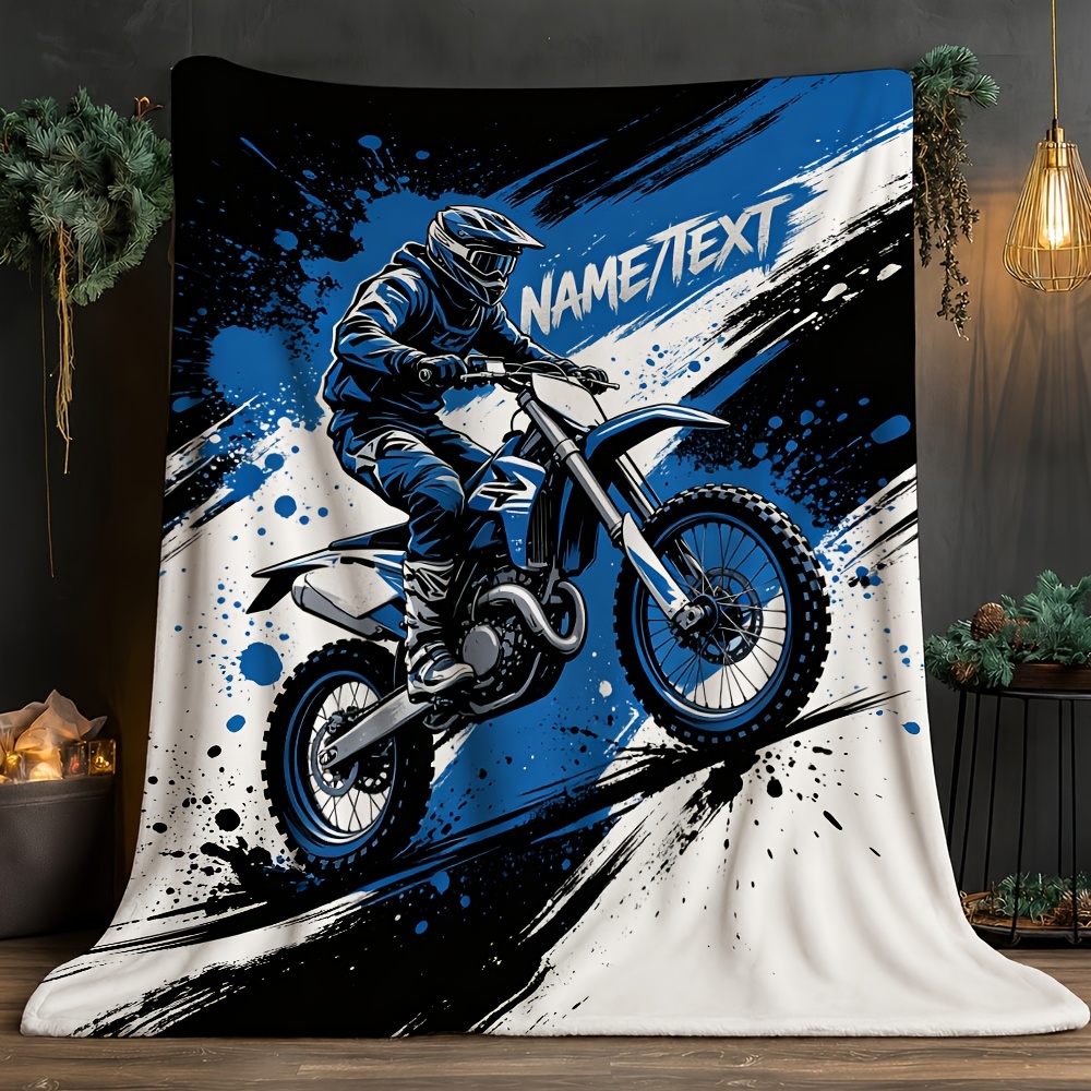 TEMU 1pc Custom Personalized Text Off-road Motorcycle Blue Black Ink Splatter Theme Blanket, Trendy Style, Thick Warm Non-pilling, Suitable For