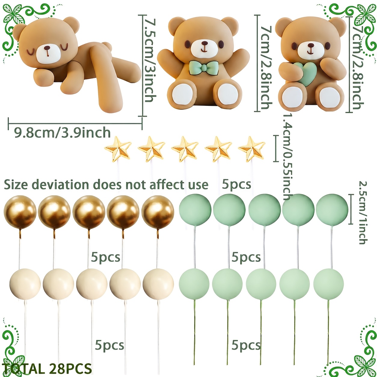 Image of Laventy 28pcs Luxury Sage Decoration Teddy Bear Cake Topper Gender Reveal Cake Decoration Teddy Bear Party Supplies Teddy Bear Decoration