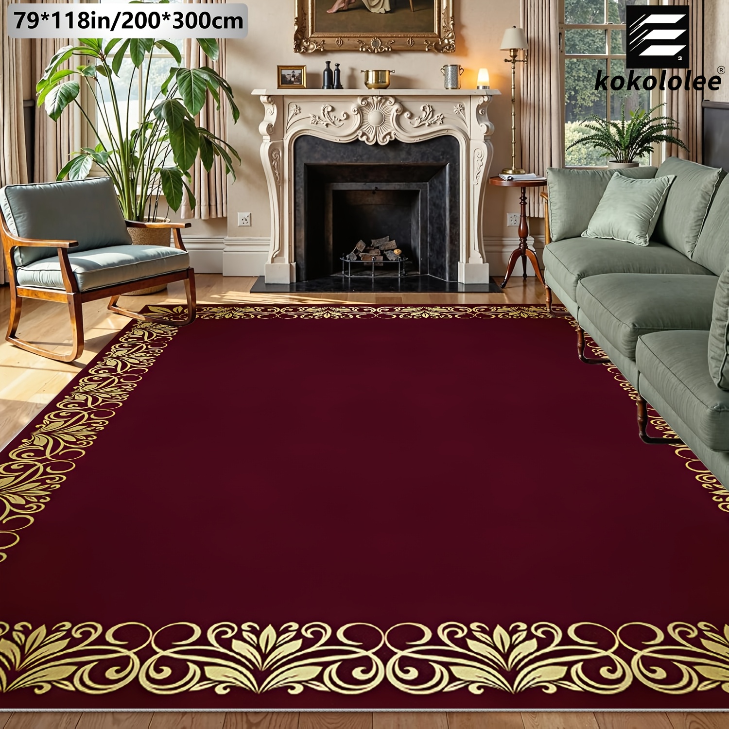TEMU 1pc Kokololee Luxury Velvet Area Carpet - Burgundy Pattern, Non-slip Backing, Machine Washable, 100% Polyester Fiber. Ideal For High-traffic