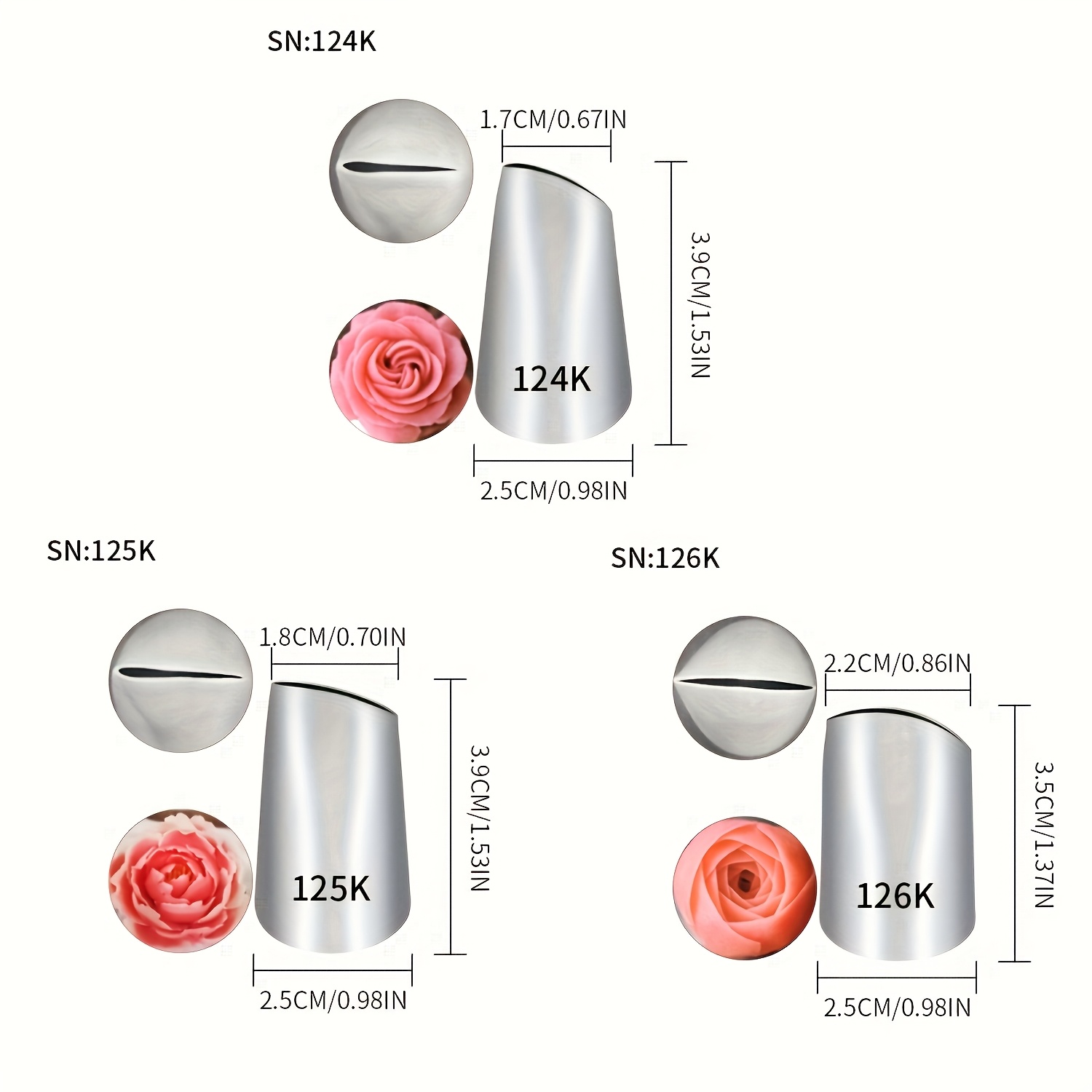 Image of A Set Of 3 Professional Piping Tips (124k/125k/126k) Made Of Stainless Steel, Perfect For Easily Three-dimensional Flowers. Suitable For Beginners And Experienced Bakers As A Decorating Tool