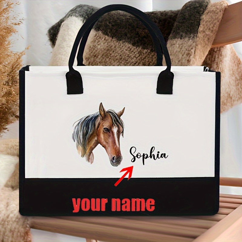 

1pc Personalized Horse Pattern Polyester Top-handle Bag, Fashionable Monogrammed Canvas Beach Tote, Hand Washable, With Customizable Name, For Women, , Vacation Accessory