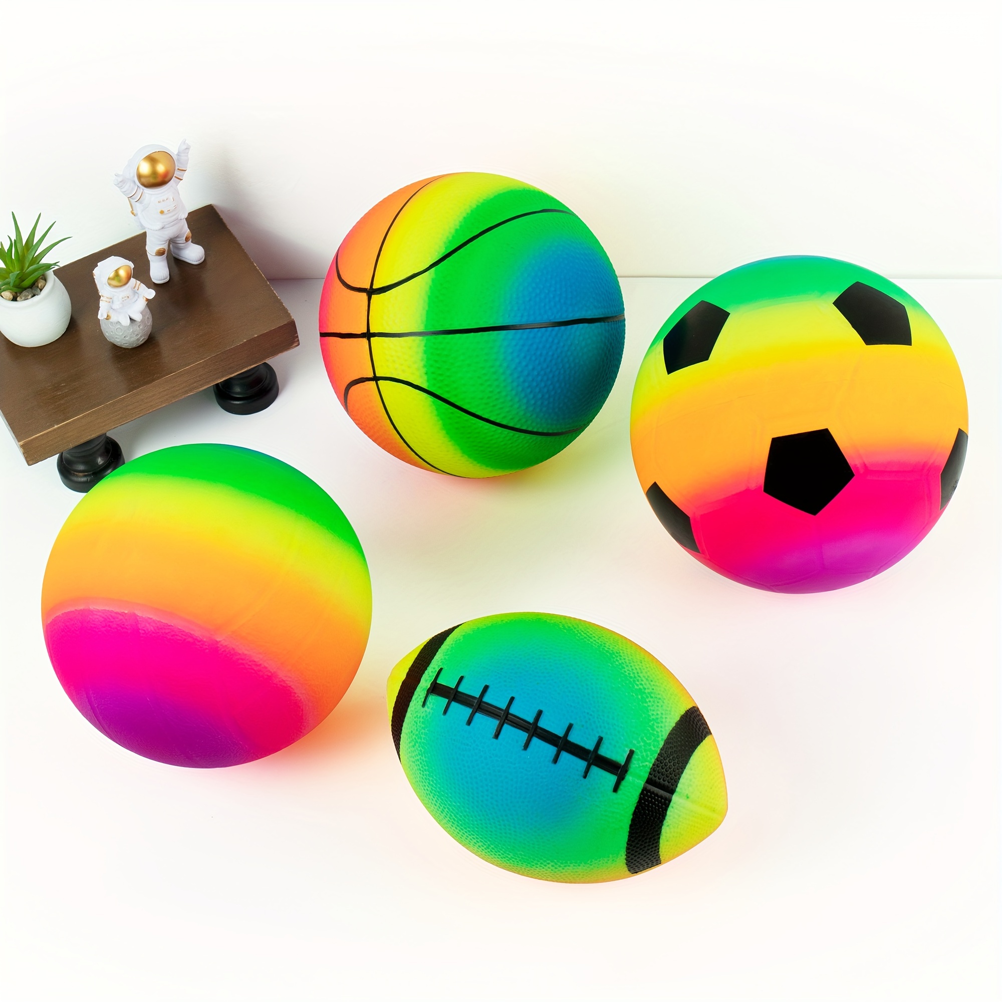 Homotte Rainbow Sports Ball Set of 4 with 8.5" Football, Basketball, Soccer Ball, and Volleyball, Inflatable PVC Multi-Sport Balls with Pump