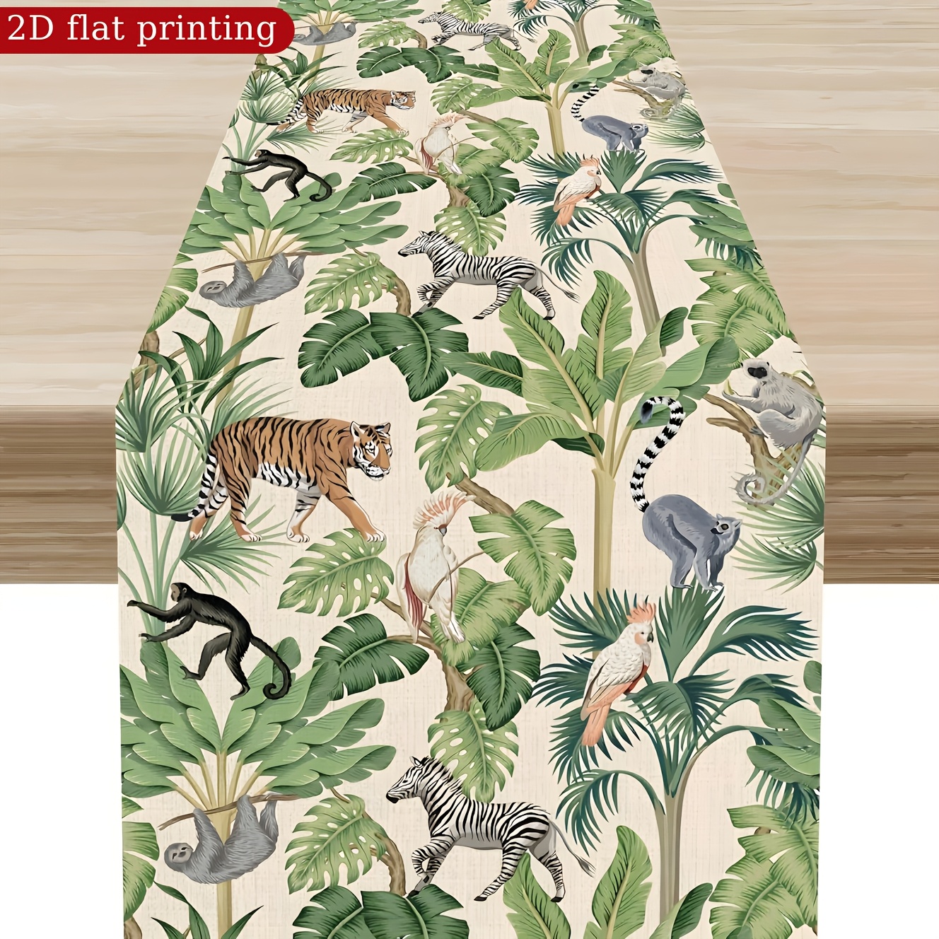 1pc Jungle Wildlife Table Runner - Leaves And Animals Design, Farmhouse Decor, For Home Kitchen Dining Party, Indoor/outdoor Use, 13x48/72 Inches, Jungle Theme Decor