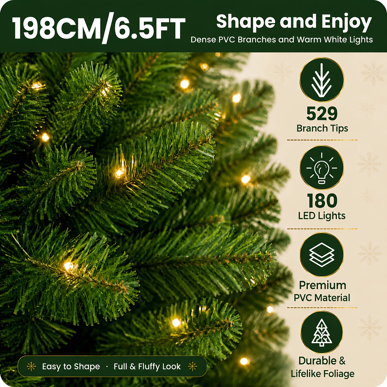 TEMU 198cm Artificial Slim Pencil Christmas Tree, 529 Branch Tips, 180 Warm White Lights, 13 Light , Foldable Metal Stand, Space Saving , For Living