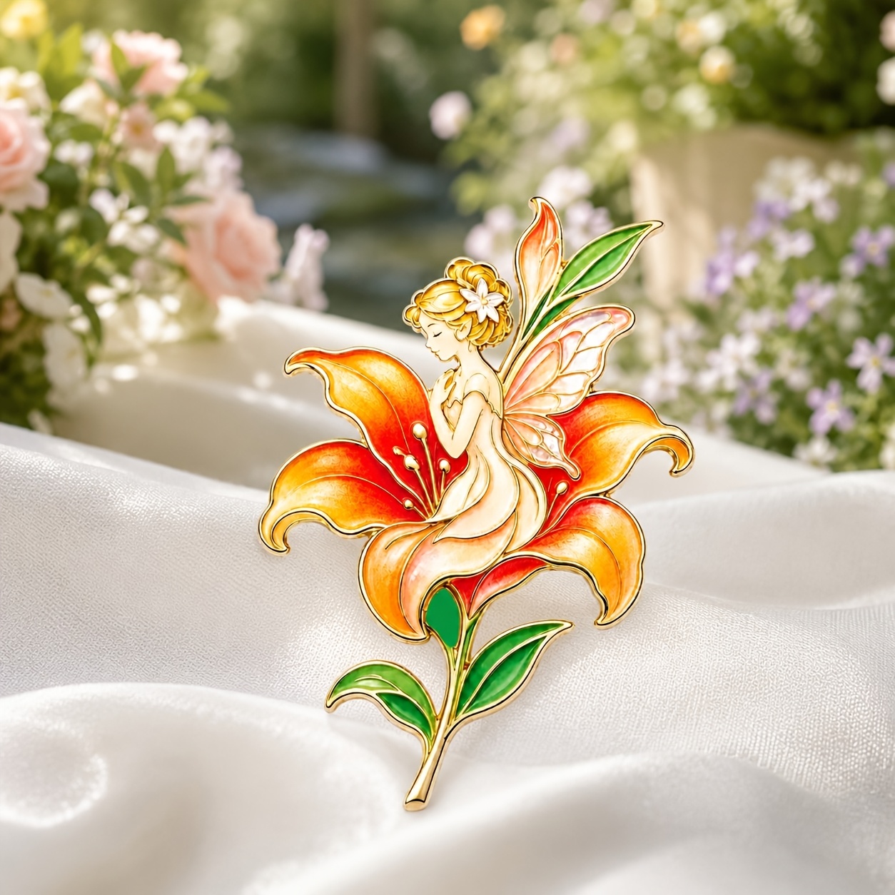 TEMU Merrysmile Orange-yellow Lily Flower Elf Enamel Pin Badge - Plated Fairy Suitable For Suits, Dresses, Bags & Hats, Elegant Winged Elf Hair Gift