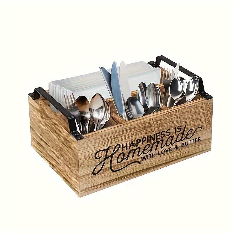 

Kitchen Countertop Utensil Holder - Rustic Black & Brown Wooden Cutlery Storage Box With Handle, Flatware And Silverware Organizer, No-lid Convenient Home Kitchen Accessory, 1pc
