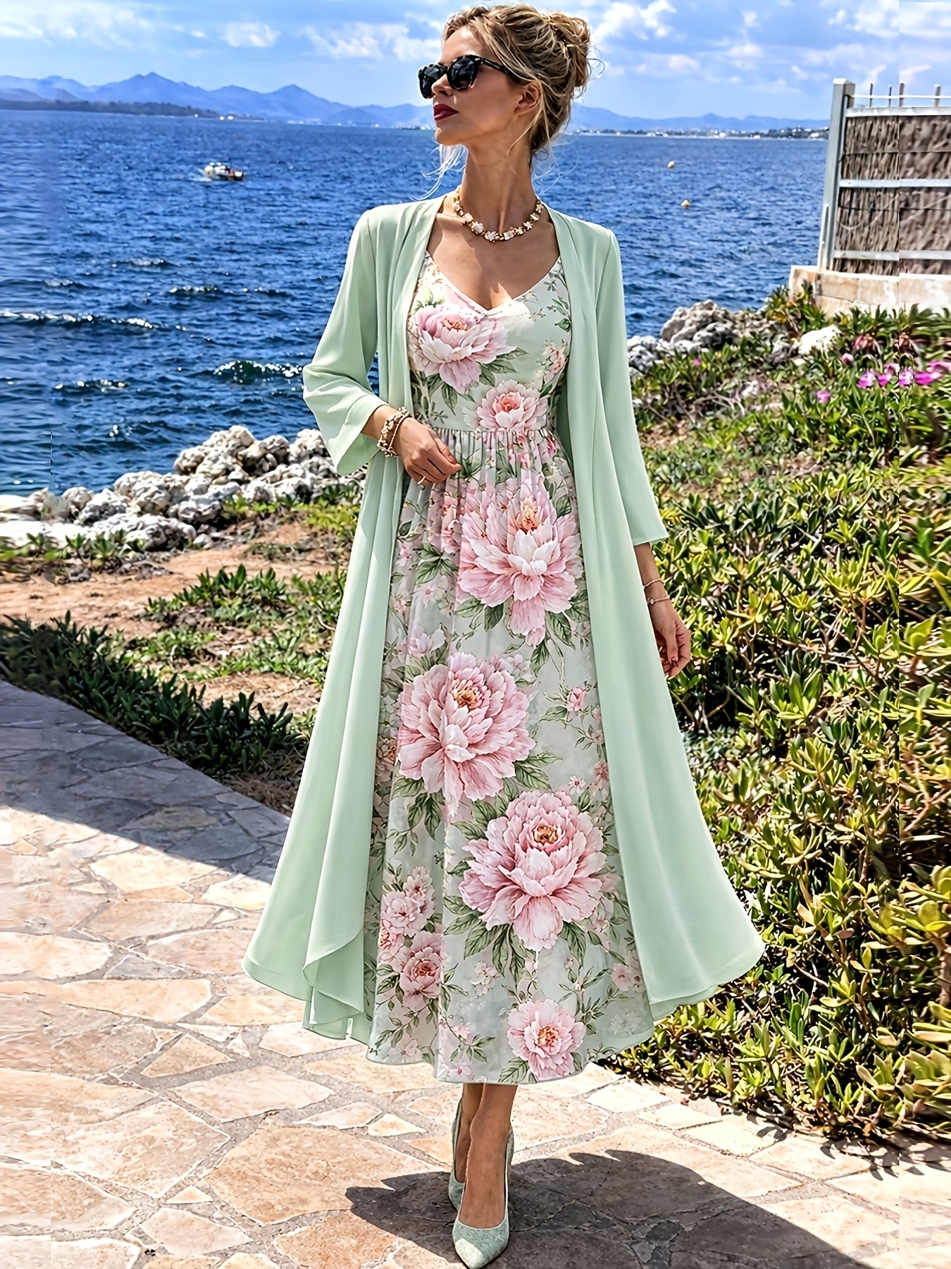 beach dresses for over 50 with sleeves Women'S Dress Set The ornate print is