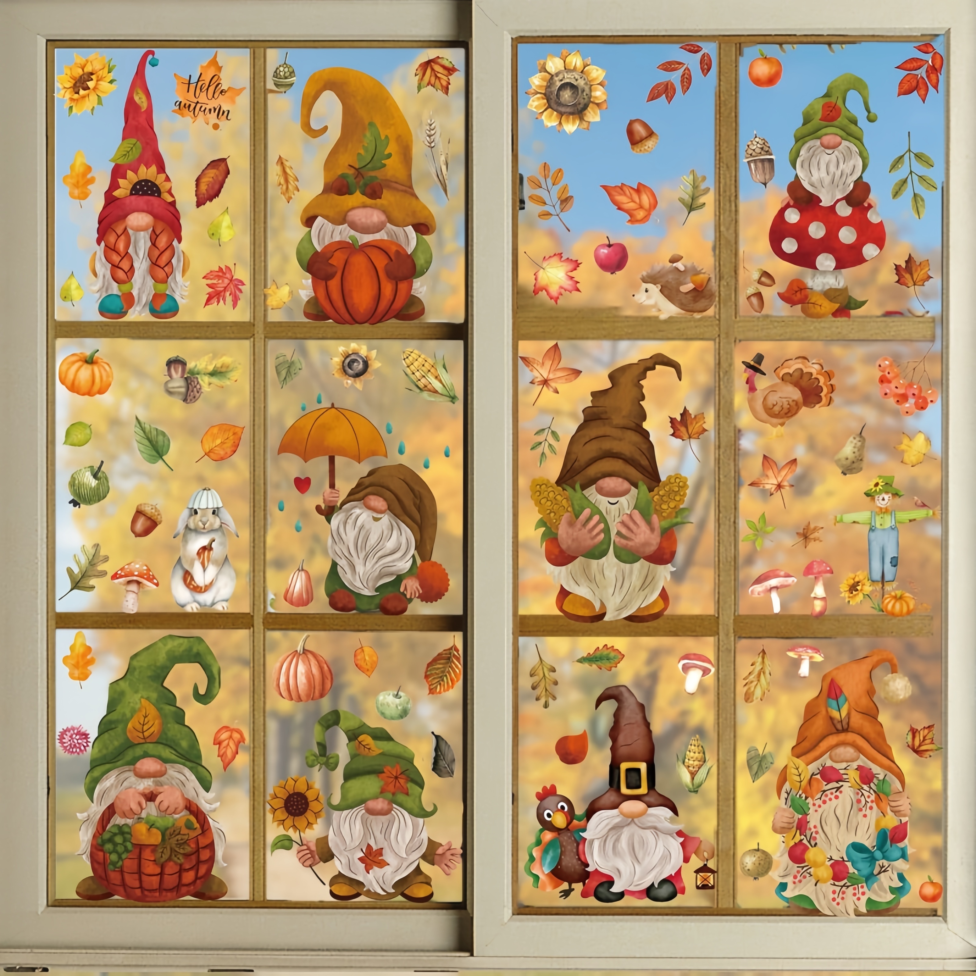 

101pcs Thanksgiving Window Clings - Art Deco Style Autumn Harvest Pumpkin Gnomes Decals - Seasonal No-glue Fall Leaves & Acorn Glass Wall Stickers – Electricity-free Thanksgiving Home Décor