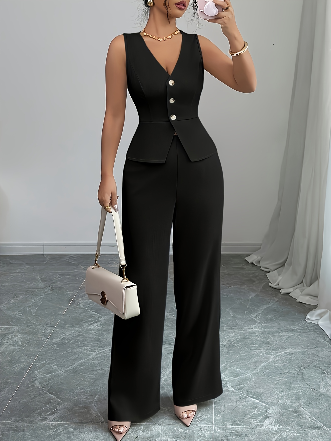 dames eenvoudig elegante mouwloze vest en broek Temu Belgium