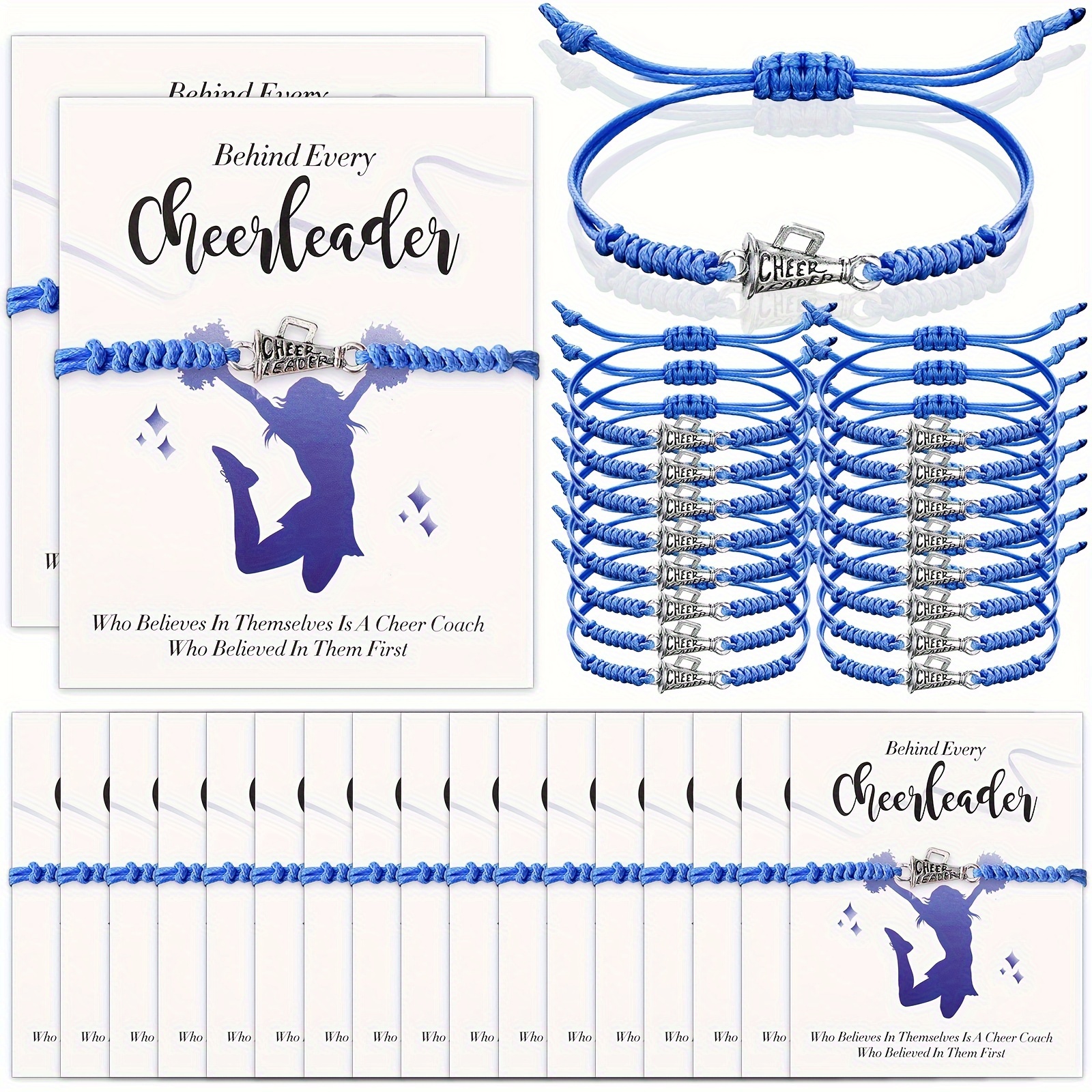 

60 Pcs Bracelet Bulk Team Girls Charm And Wish Card Cheerleader Adjustable Jewelry Accessories(blue)