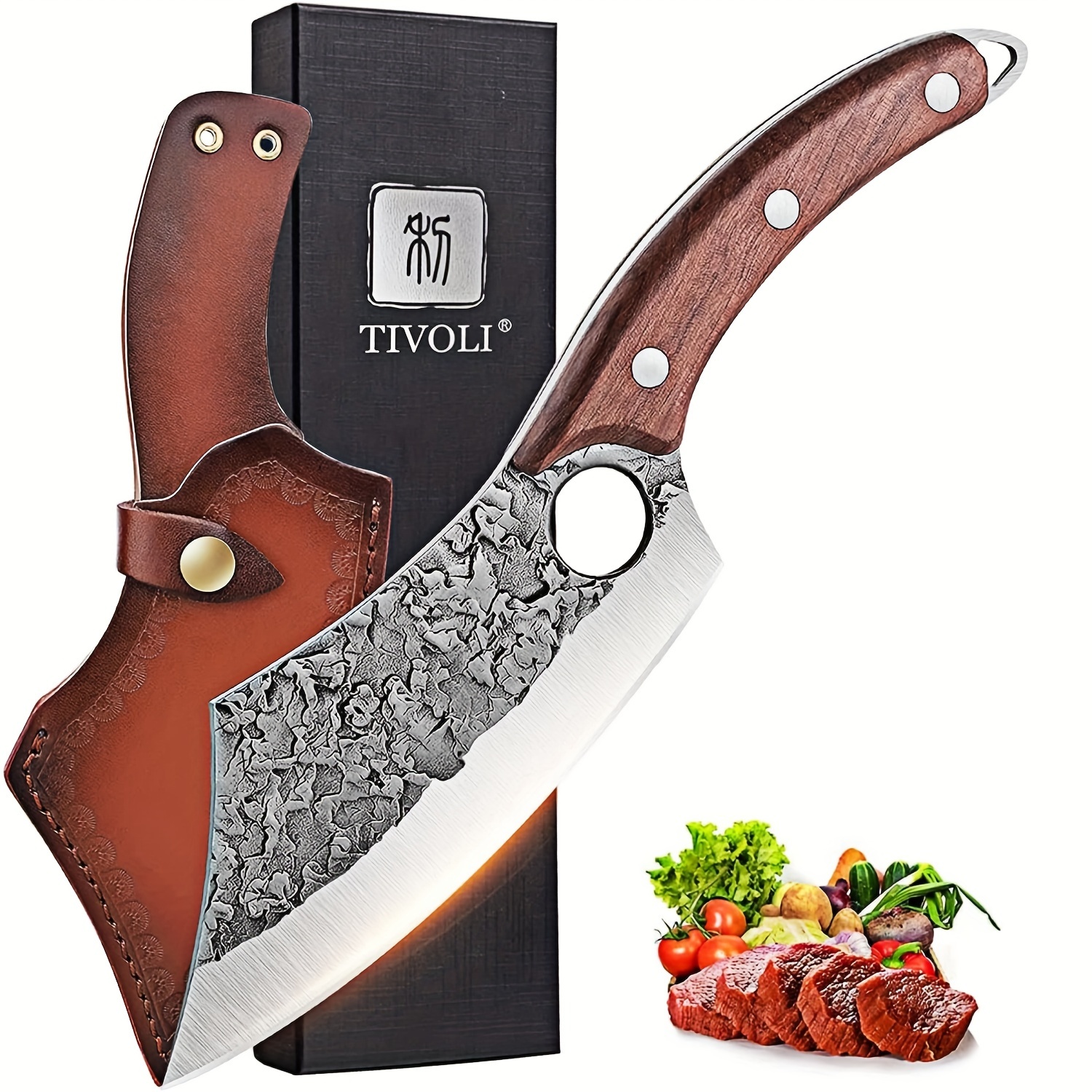 

Cleaver Knife, Full Tang Butcher Knife For Meat Cutting, High Carbon Steel Knife With Sheath For Kitchen Outdoor Camping Bbq Father's Day Christmas Gift Men Women