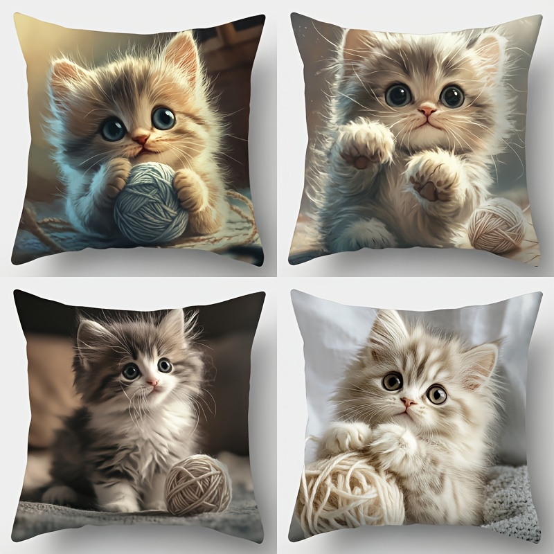 

4-pack Cute Cat Print Pillowcases, Contemporary Style, Machine Washable, Polyester Woven, Zipper Closure, 17.7" Square, Decorative Cushion Covers For Living Room Sofa And Bedroom - No Insert