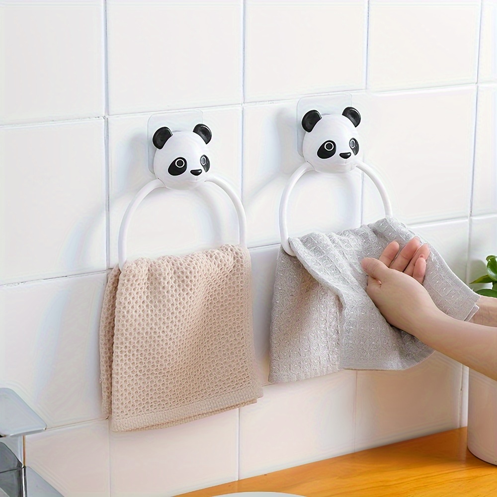 

1pc Cute Panda Towel Rack, Plastic Cartoon Style, Wall-mounted Hand Towel Holder For Kitchen & Bathroom, No-drill, Adhesive Hanging Towel Ring