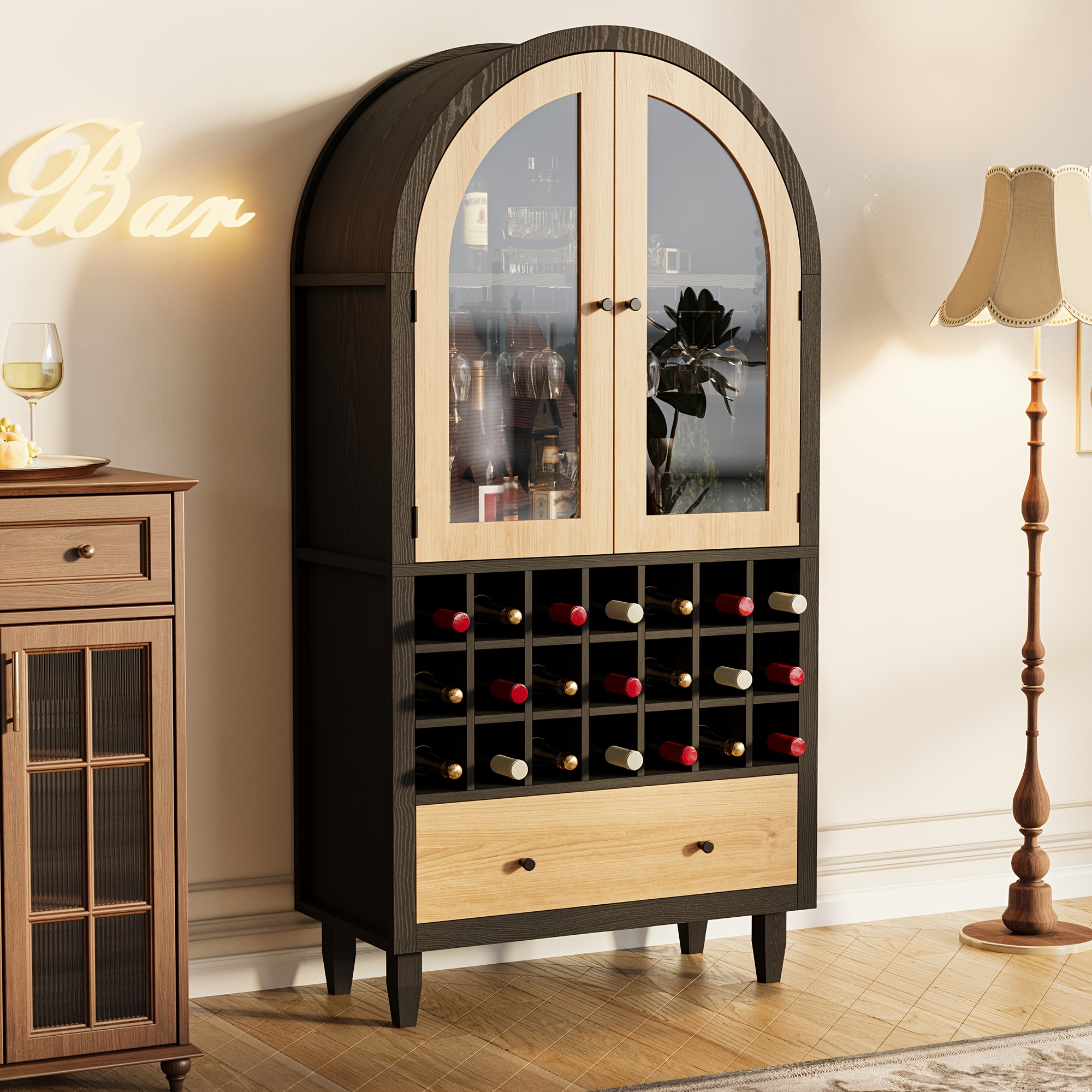Arched Wine Bar Cabinet - 2 Glass Doors & Modular Rack