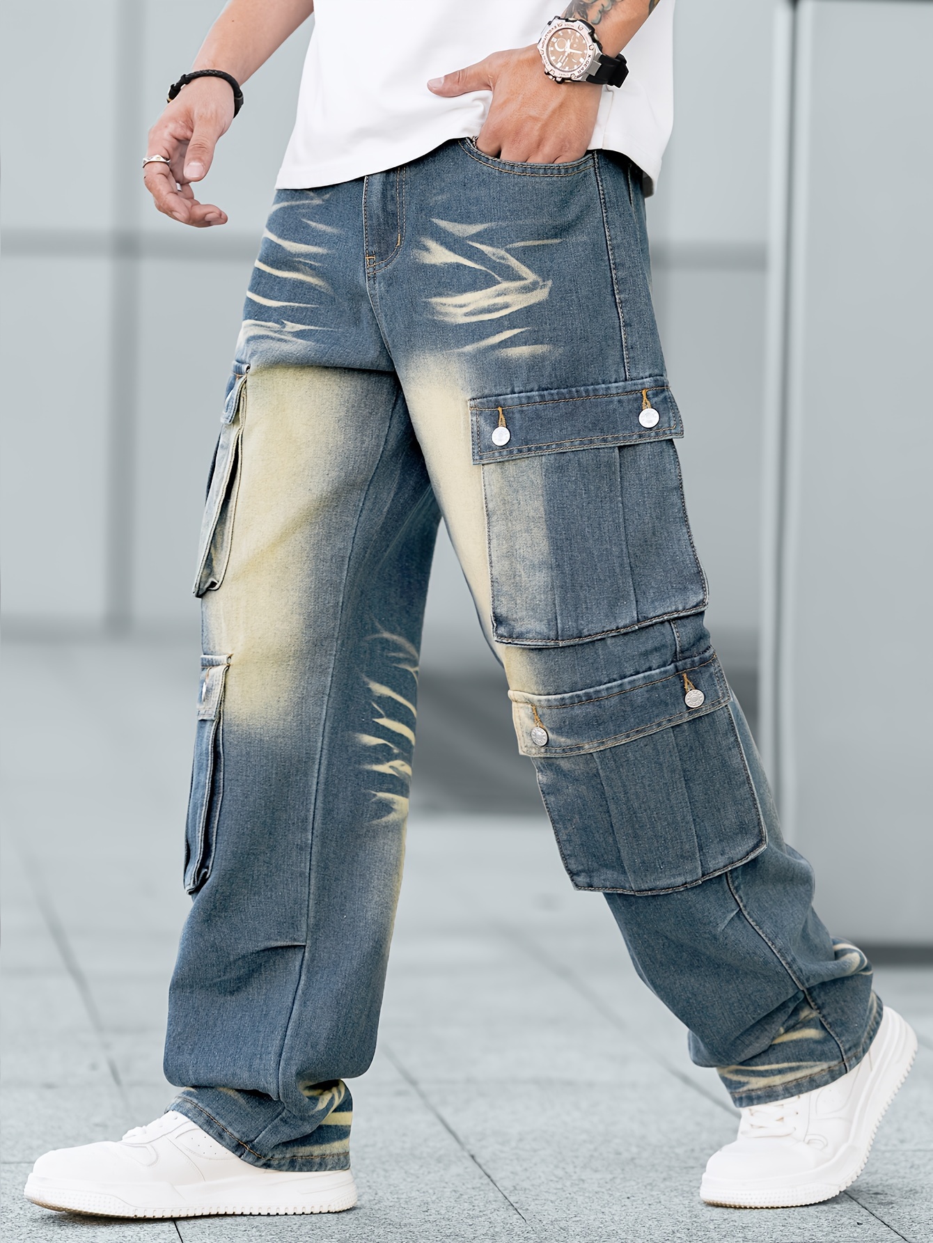 heren blauw geel distressed denim losse pasvorm Temu Netherlands