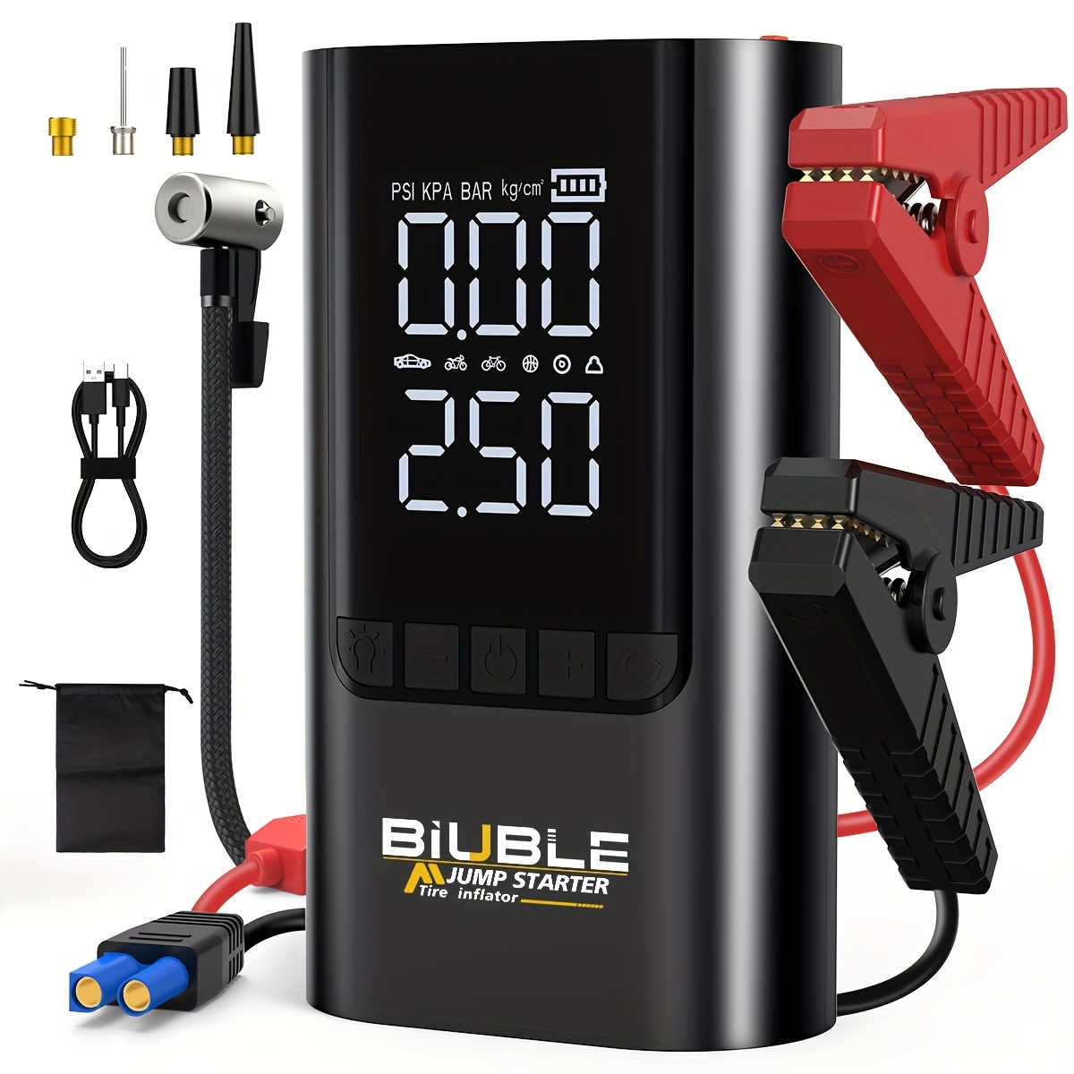 E-shop Jump Starter Powerbank mit 150PSI Luftkompressor, Booster-Typ Auto-Startstromversorgung, mit großem LCD-Display, 6000A Spitzenleistung