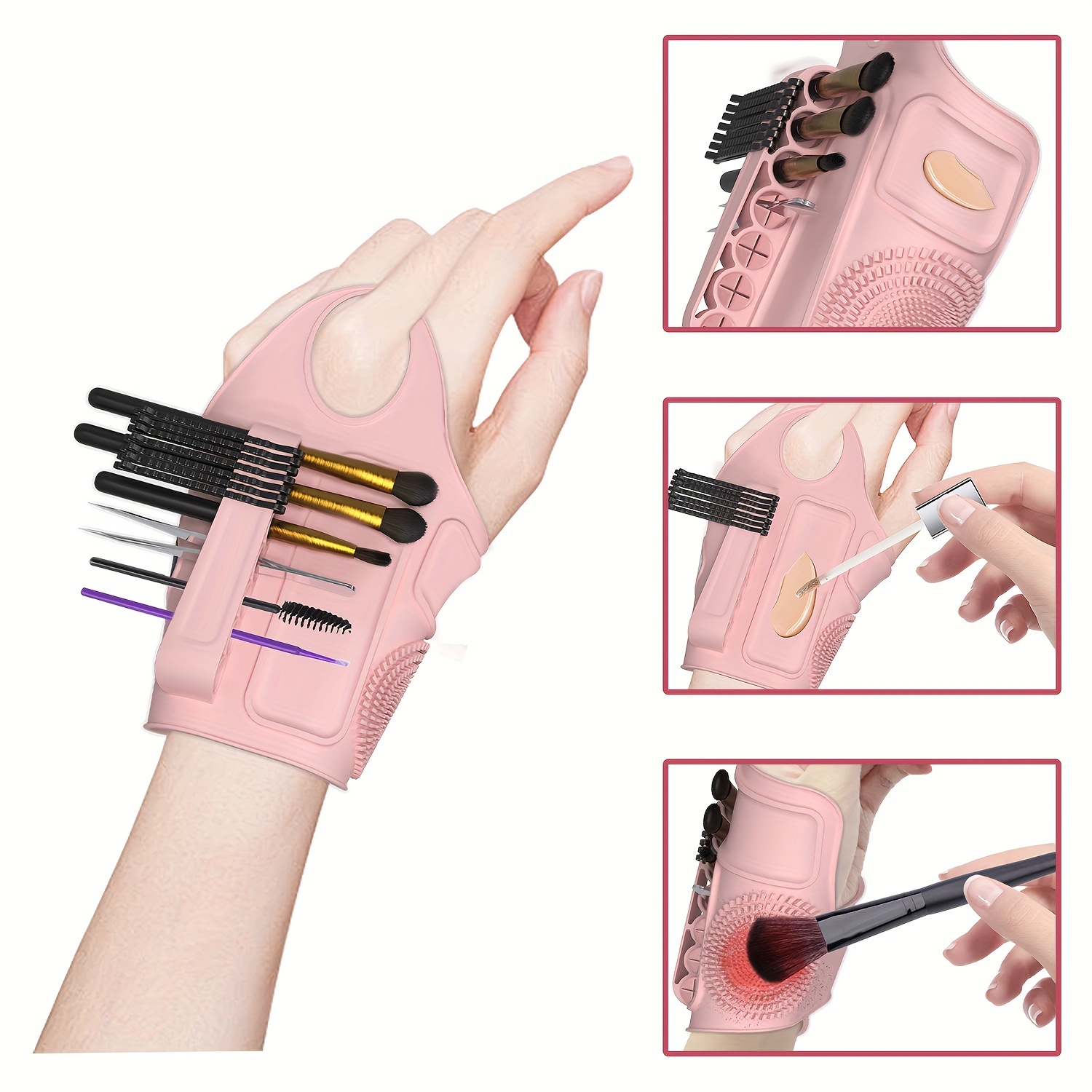 

Silicone Makeup Assistant Tool With Hand Strap - Makeup Brush Holder, Cleaner And Organizer - Non-scented, Manual Wristband Accessory For Brush Storage & Maintenance