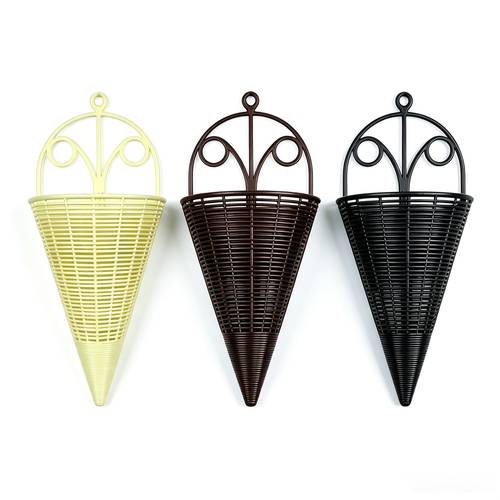 2 bucăți coș de flori și suport pentru plante retro din plastic, montat pe perete - jardiniere conică așezată, potrivită pentru utilizare în interior/exterior, raft ușor cu suport pentru balcon, (negru/maroniu/bej) - instalare